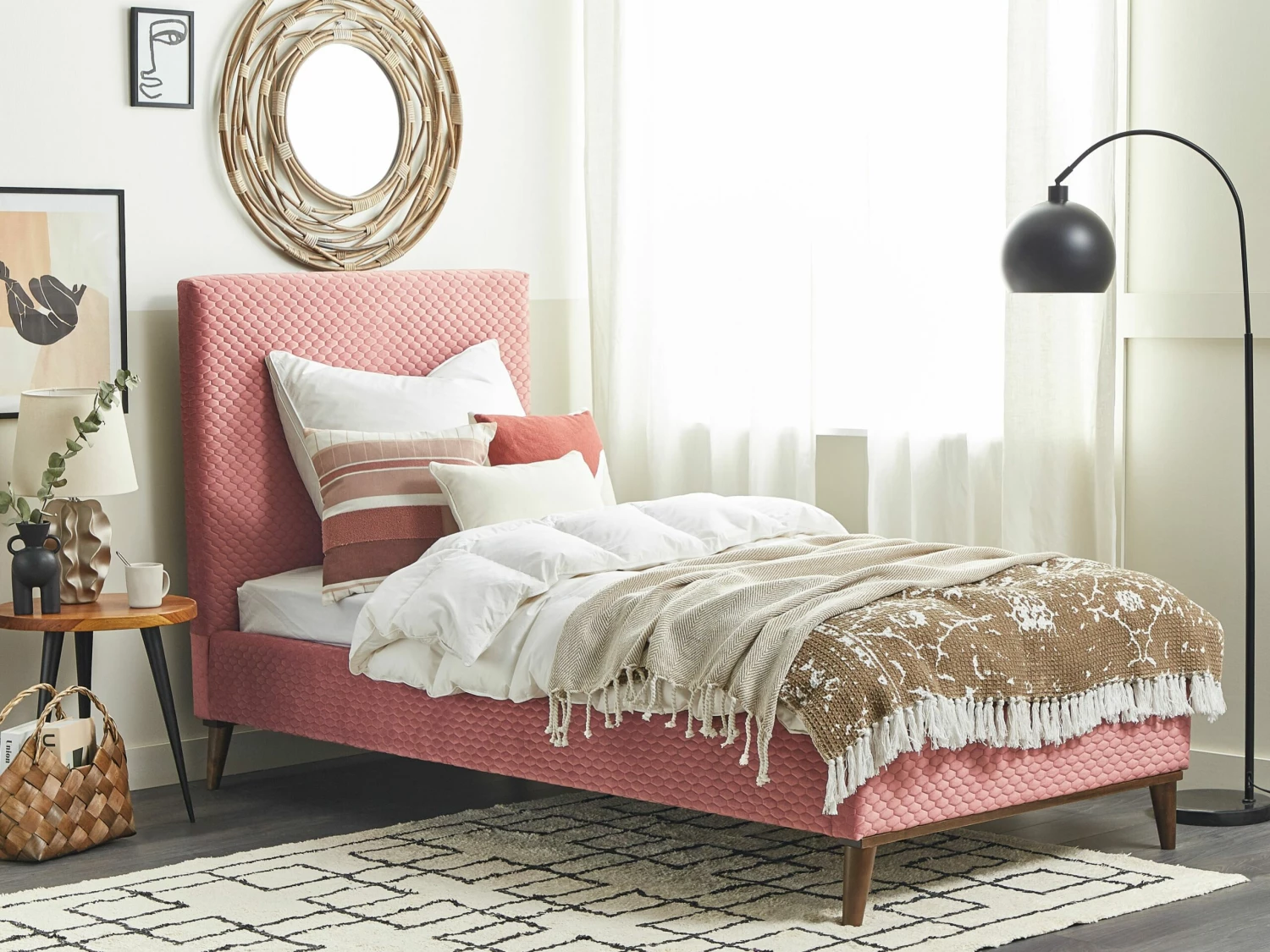 Velvet EU Single Size Bed Pink BAYONNE - Image 2