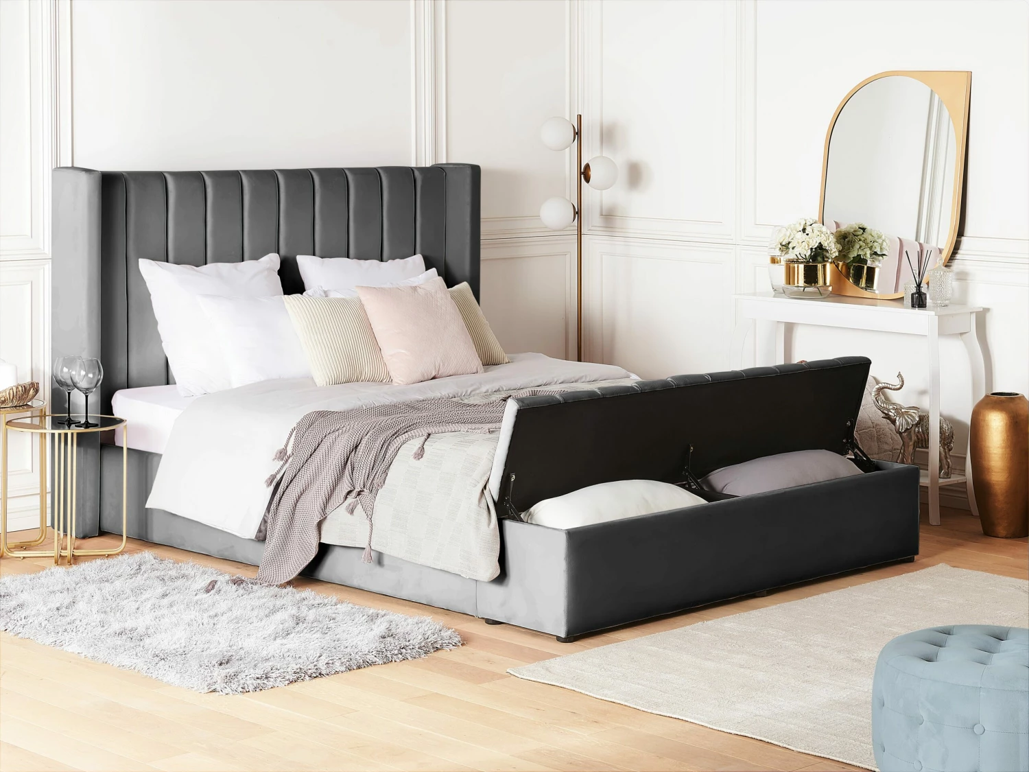 Velvet Bed With Storage Bench Grey NOYERS Various Sizes - Image 2