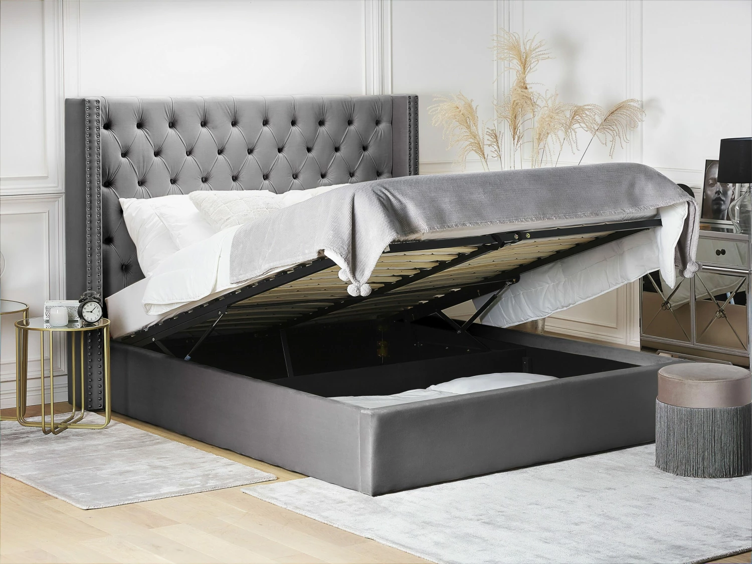 Velvet Ottoman Bed Grey LUBBON Various Sizes - Image 3