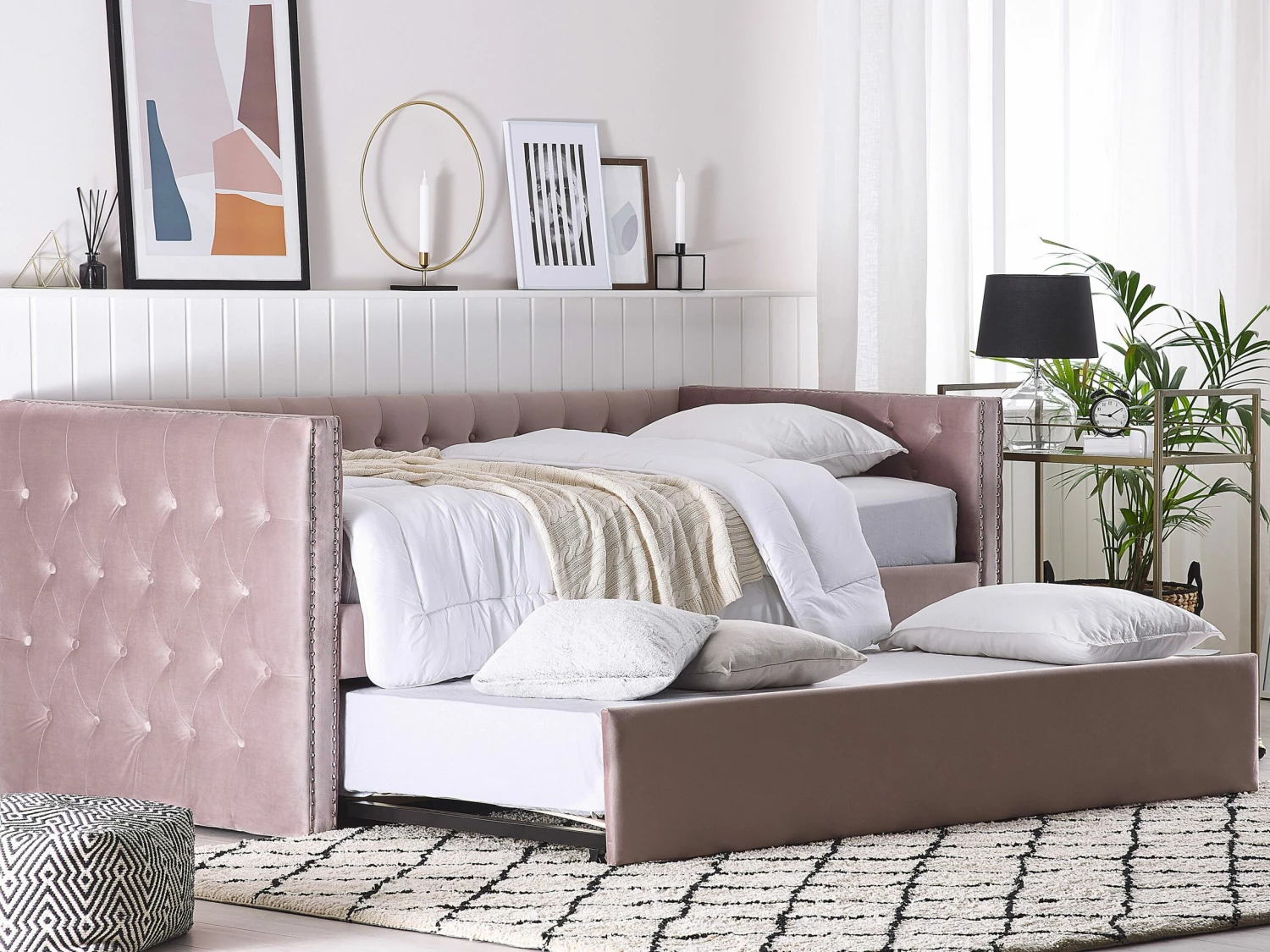 Velvet EU Single Trundle Bed Pink GASSIN 2 Velvet EU Single Trundle Bed Pink GASSIN - Image 2