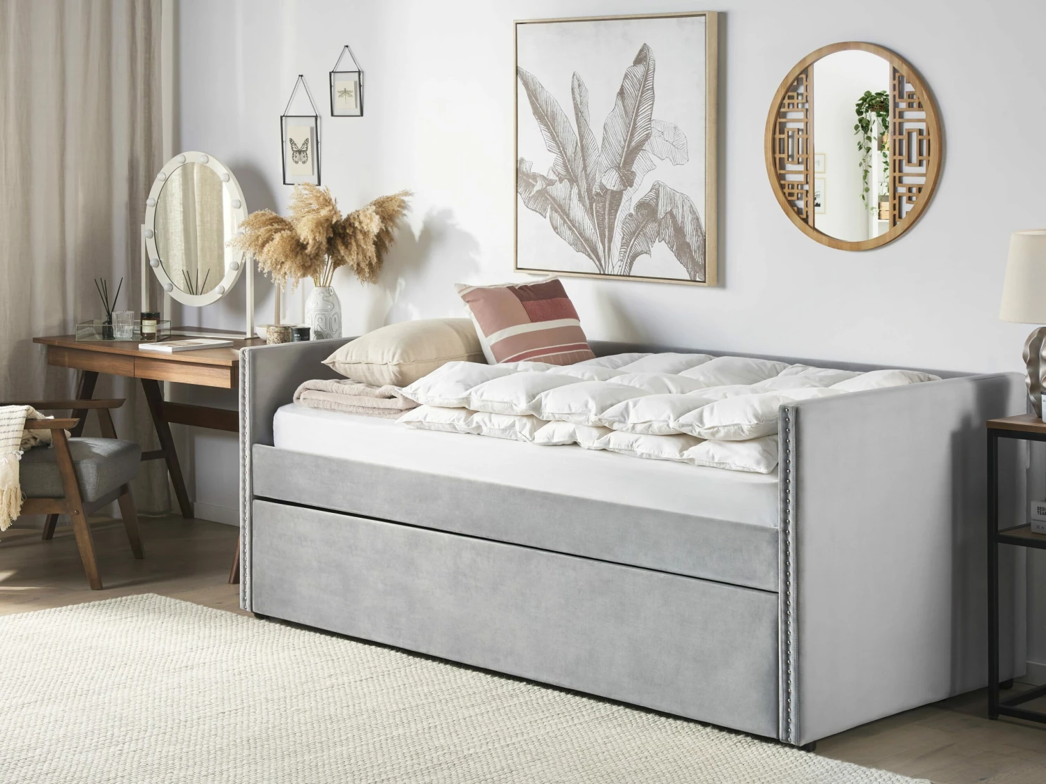 Velvet EU Single Trundle Bed Light Grey TROYES - Image 3