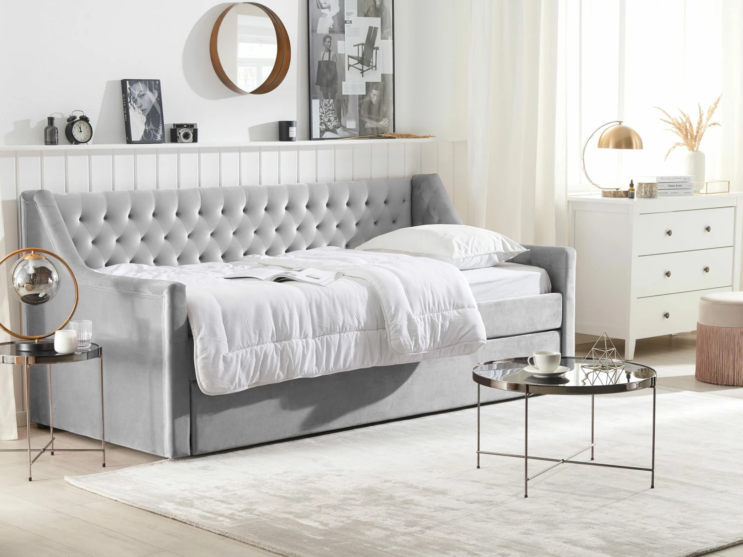 Velvet EU Single Trundle Bed Grey MONTARGIS 3 Velvet EU Single Trundle Bed Grey MONTARGIS - Image 3