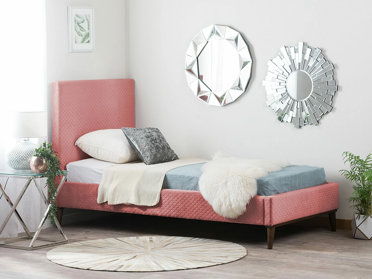 Velvet EU Single Size Bed Pink BAYONNE - Image 3