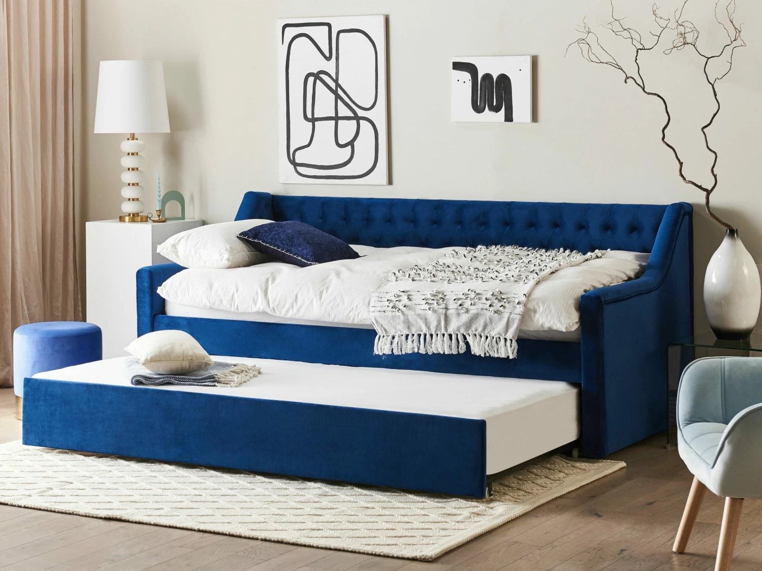 Velvet EU Single Trundle Bed Blue MONTARGIS - Image 2