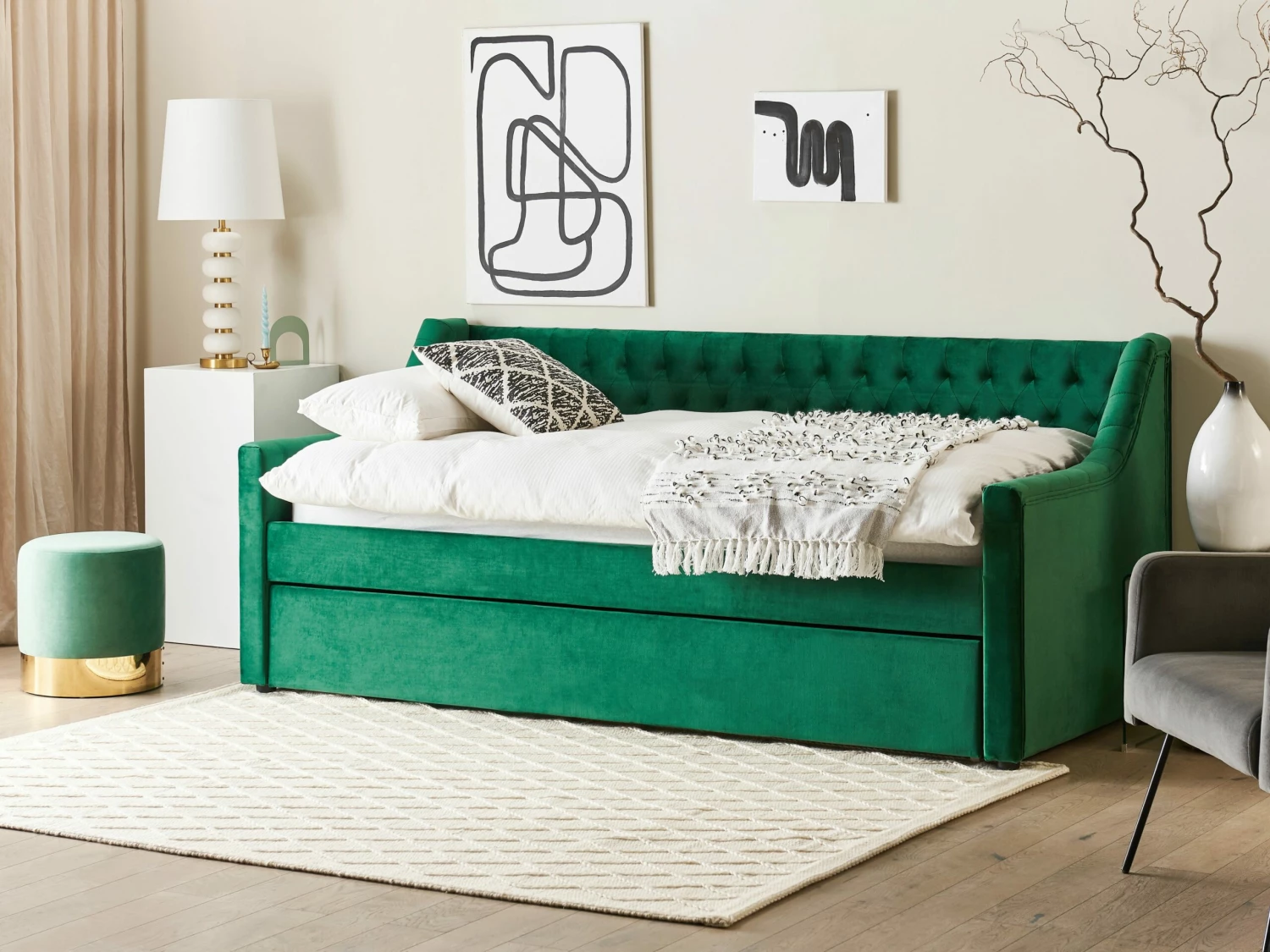 Velvet EU Single Trundle Bed Green MONTARGIS - Image 3