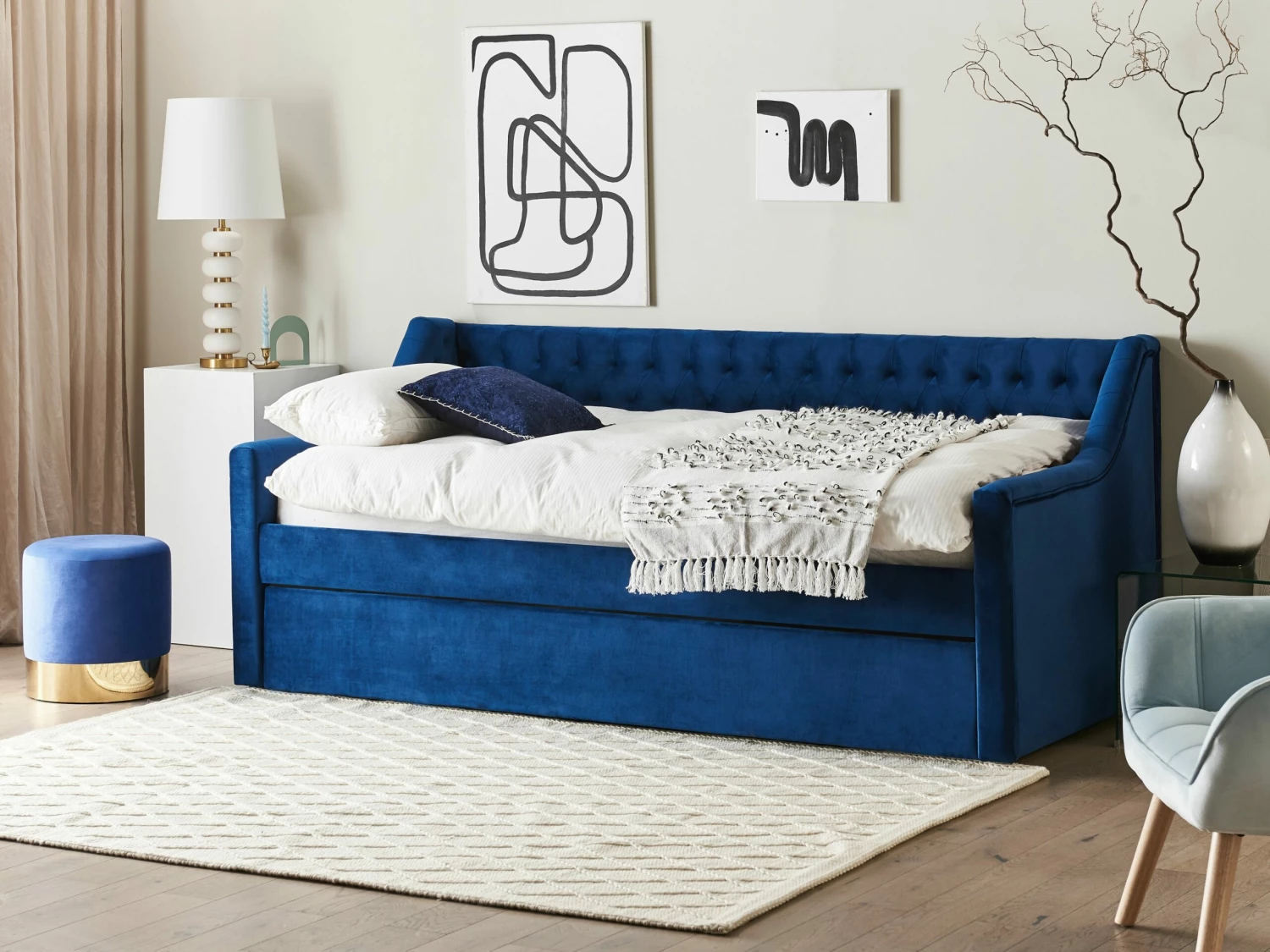 Velvet EU Single Trundle Bed Blue MONTARGIS - Image 3