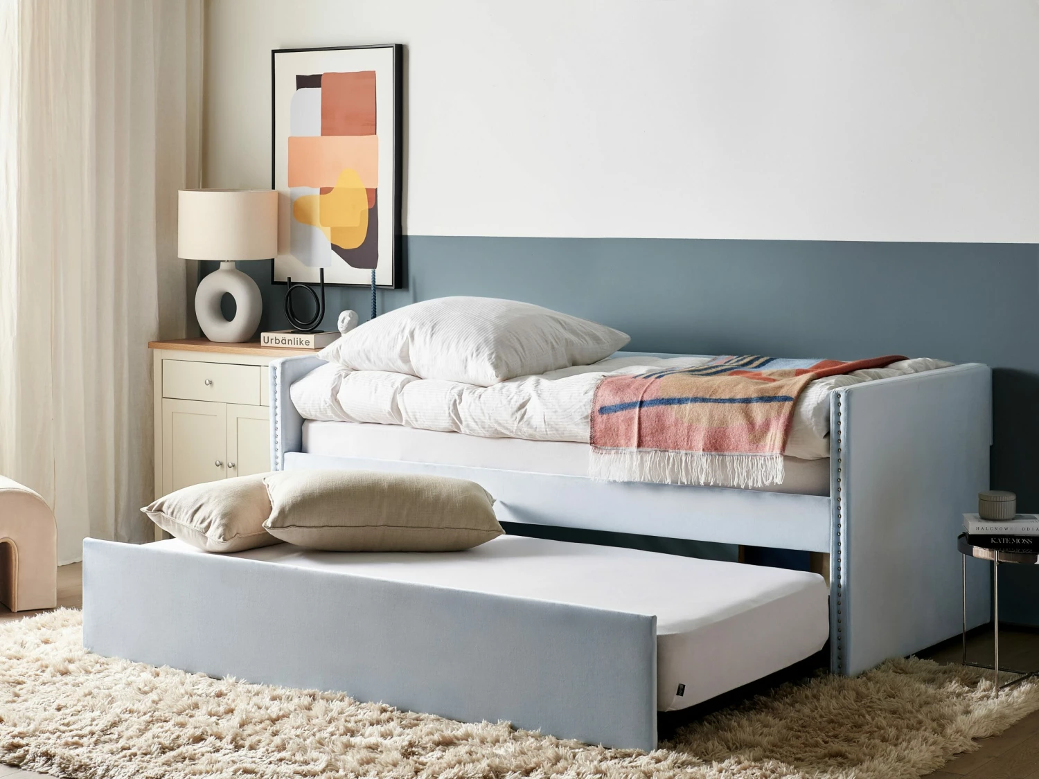 Velvet EU Single Trundle Bed Light Blue TROYES - Image 2