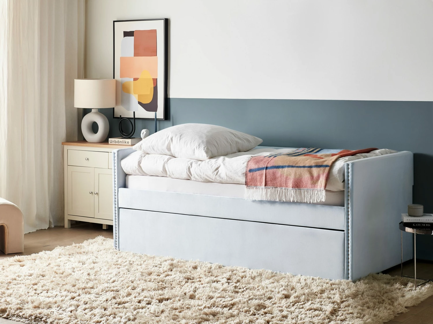 Velvet EU Single Trundle Bed Light Blue TROYES - Image 3