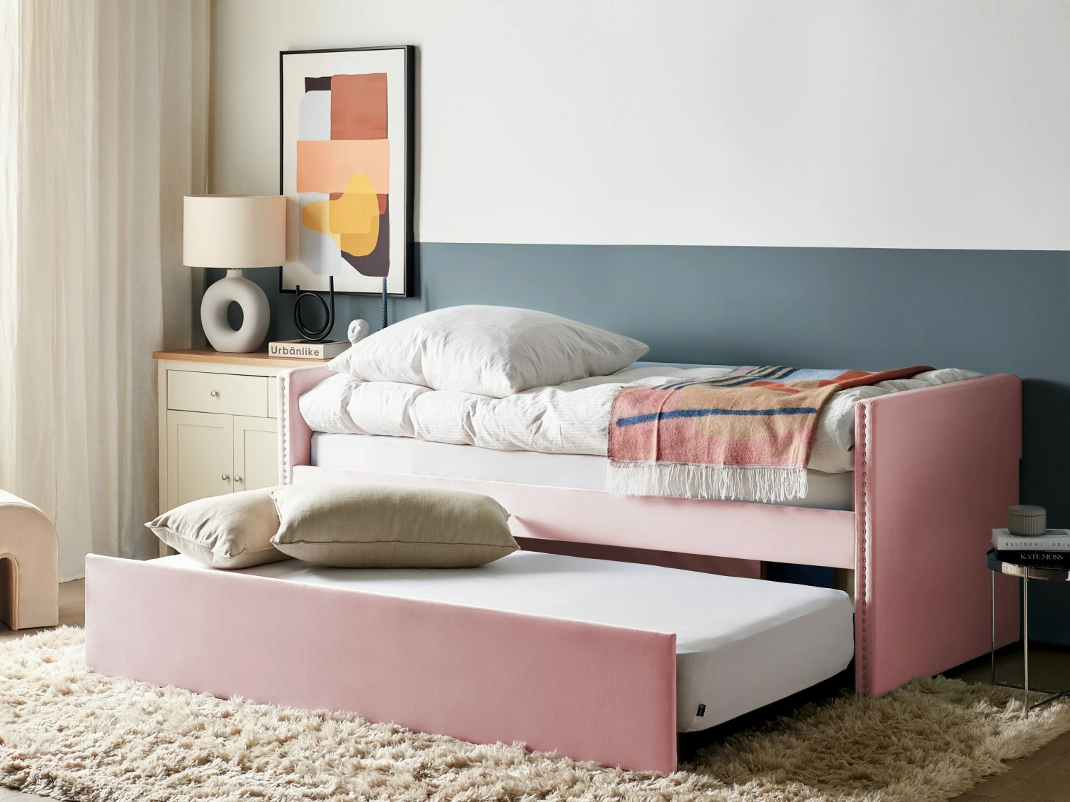 Velvet EU Single Trundle Bed Light Pink TROYES 2 Velvet EU Single Trundle Bed Light Pink TROYES - Image 2