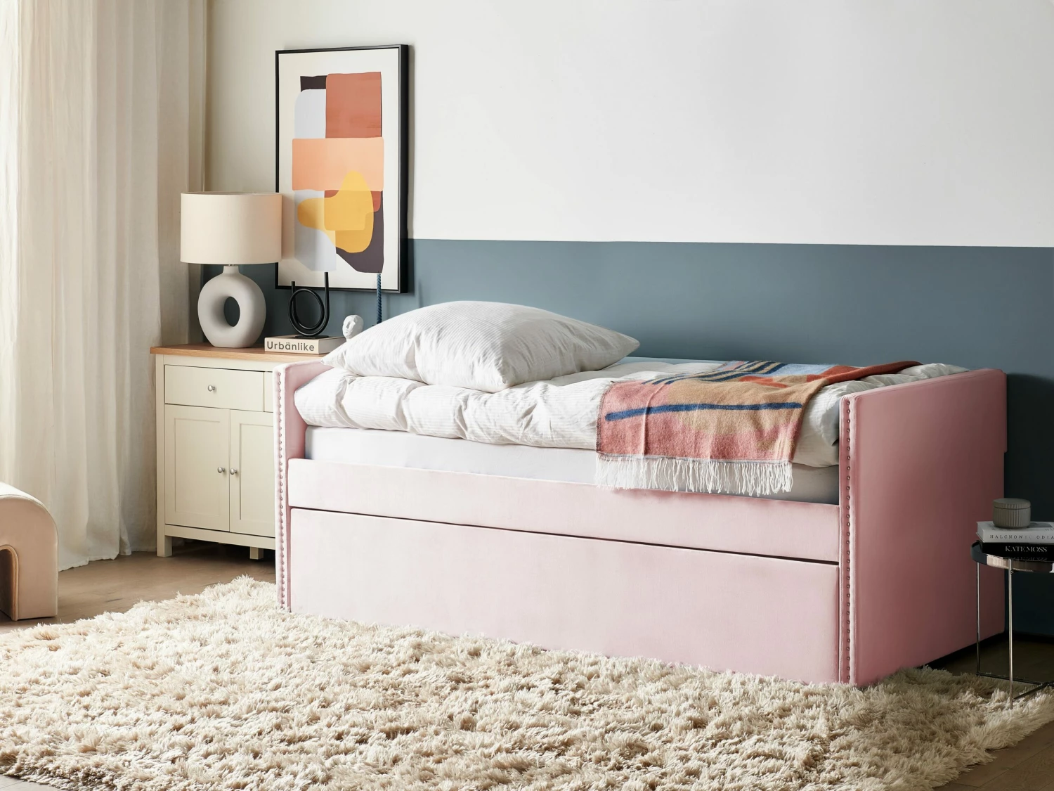 Velvet EU Single Trundle Bed Light Pink TROYES 3 Velvet EU Single Trundle Bed Light Pink TROYES - Image 3